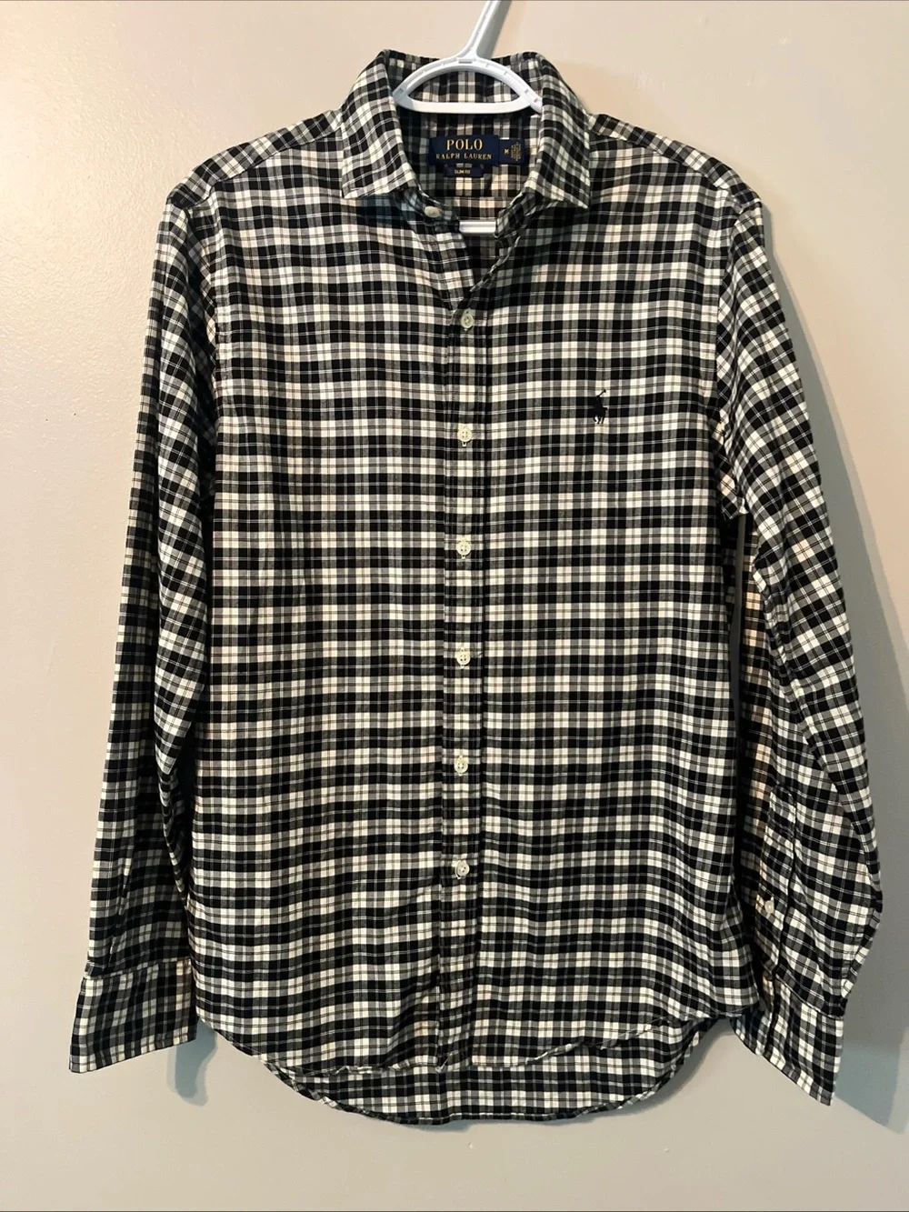 Men’s Polo Ralph Lauren Slim Fit Shirt Black White Checkered Button Up Medium